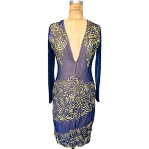 HOLT Maison De Luxe Hand Painting Navy & Gold Mini Embroidered Dress Size L